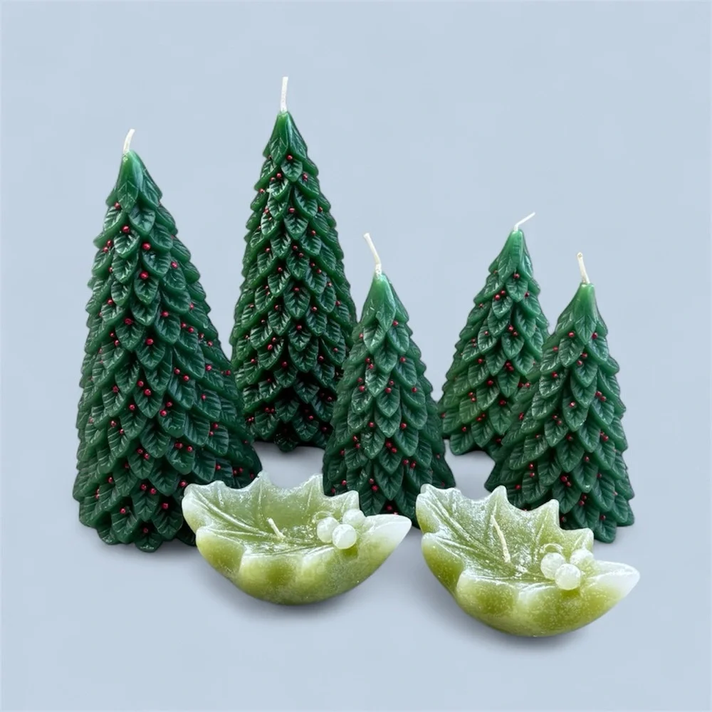 Crate&Barrel Green Christmas Tree Candles and Holly Berry Leaf Candles